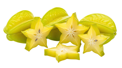 Bright yellow starfruit arrangement, whole and sliced, on a dark background