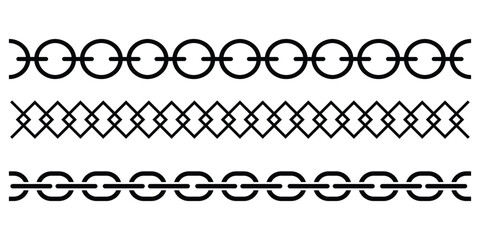 Chain brush set. Metal chain vector. Chain pattern brush set. Realistic Strong Linked Chain Vector. Seamless metal chain in black.