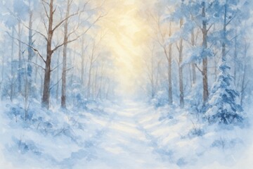 Obraz premium Watercolor painting of a snow-covered forest path with sunlight