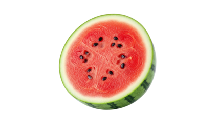 Halved watermelon, vibrant red interior with black seeds, green rind
