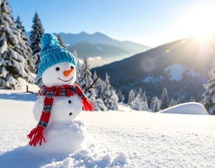 Obraz premium Sunny winter scene featuring a cheerful snowman in snowy landscape