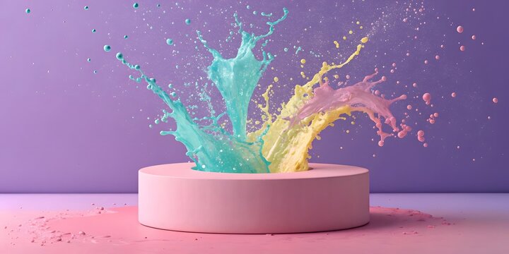Colorful liquid splashes erupting from a pink pedestal against a purple background - Powered by Adobe