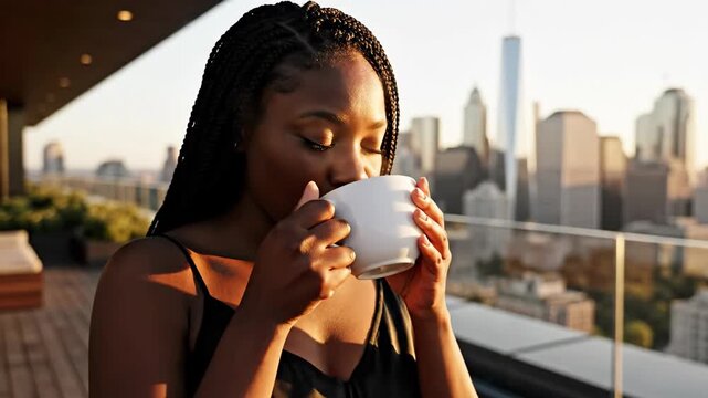 Braided woman sips coffee with cityscape backdrop