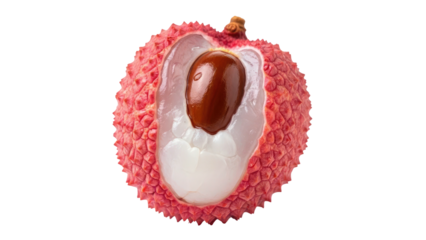 Partially peeled, textured pink fruit reveals white flesh and a brown seed