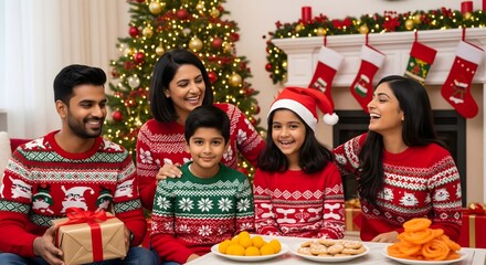 Happy Family Celebrating Christmas Together with Festive Food and Gifts
