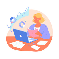 A focused woman engages in study or work at her desk, reading a book and viewing data on her laptop, representing dedication to learning and the pursuit of knowledge in a professional space.