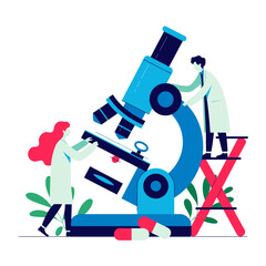Two scientists are collaboratively researching at a microscope in a laboratory, displaying dedication to scientific inquiry and advancements in research and development.