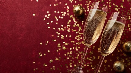 Two champagne glasses on red background with gold confetti and ornaments