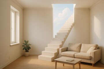 Obraz premium Modern living room with stairs leading to the sky and a cozy sofa
