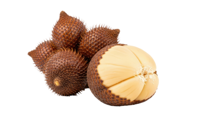 Group of exotic fruit with leathery brown skin and exposed white segments