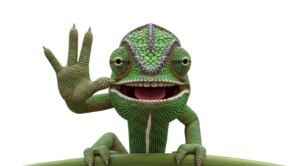 Happy green chameleon waving hand isolated PNG with Transparent Background