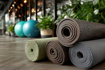 Équipement de fitness avec tapis de yoga enroulé et gros ballon de pilates sur le sol, matériel pour exercices de gymnastique douce, stretching et bien-être à la maison ou en salle