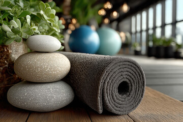 Équipement de fitness avec tapis de yoga enroulé et gros ballon de pilates sur le sol, matériel pour exercices de gymnastique douce, stretching et bien-être à la maison ou en salle