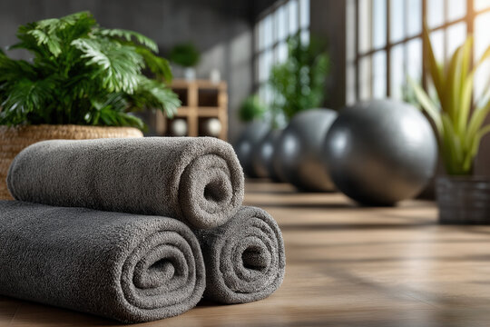 &Eacute;quipement de fitness avec tapis de yoga enroul&eacute; et gros ballon de pilates sur le sol, mat&eacute;riel pour exercices de gymnastique douce, stretching et bien-&ecirc;tre &agrave; la maison ou en salle
