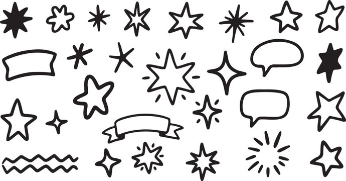 Hand-drawn black and white starburst shapes and speech bubbles vector illustration. This vector shows hand-drawn starburst shapes and speech bubbles in black and white, arranged in a scattered pattern