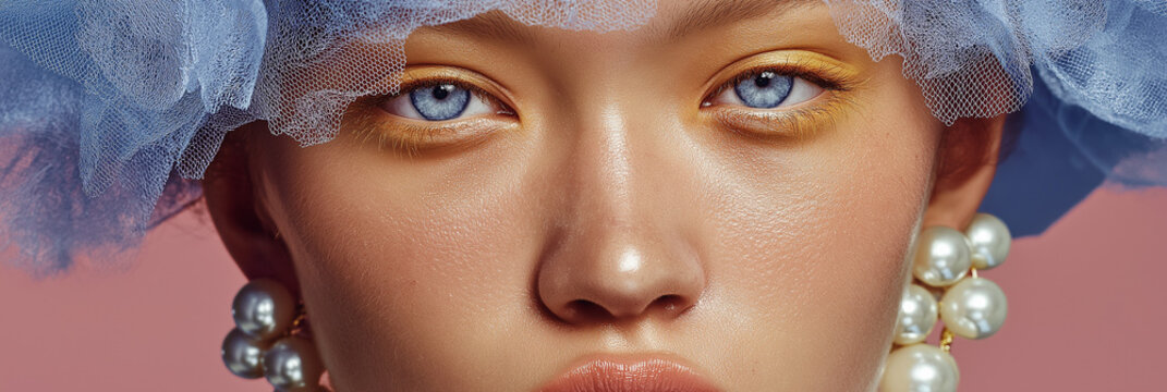 Close-up beauty portrait of a model in bold yellow eyeshadow and pearl accessories wearing sheer netting. Fashion-forward look with avant-garde textures and pastel tones.