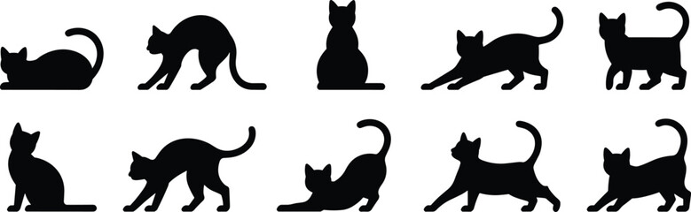 Collection of Ten Cat Silhouettes in Various Poses, Including Sitting, Stretching, and Prowling, Black Graphics for Pet, Animal, and Veterinary Design