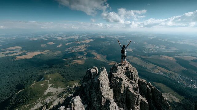 hispanic environmentalist stands on rocky summit above farmland