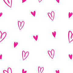 Red heart doodle pattern. Seamless print of abstract cute hand drawn symbols, romantic holiday decoration. Vector texture.
