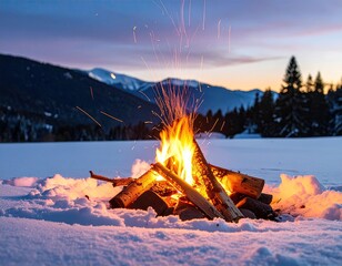 Burning bonfire amidst snowy landscape at dusk with mountains and trees in the distance