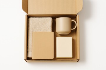 Neutral-toned gift set with mug, towel, soap, and notebook in a cardboard box
