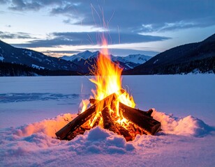 A vibrant bonfire crackles amidst a snowy landscape, illuminated by a twilight sky, near mountains