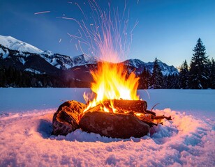 Glowing campfire ablaze in snow, with mountains and trees under a dark blue twilight sky