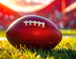 Close-up of a football on a green field at sunset, with a blurred stadium in the background