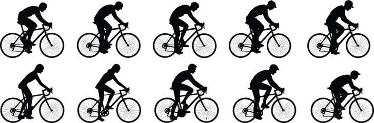 Collection of Ten Male and Female Bicycle Rider Silhouettes, Road Cycling Sport Poses, Black Graphics for Fitness, Transportation, and Competition Design