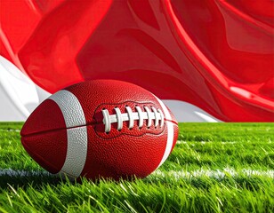 American football on green grass field with red and white fabric backdrop