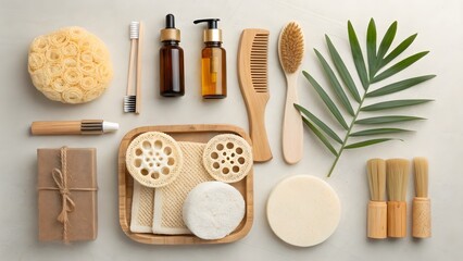Natural eco friendly bathroom products and skincare essentials flat lay