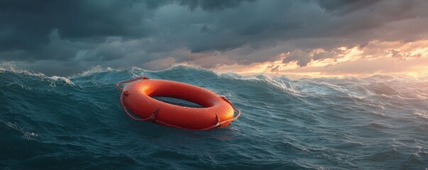 A bright orange lifebuoy floats on turbulent waves under a dramatic sky, symbolizing safety and hope in challenging conditions.