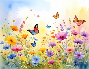 A vibrant watercolor painting of colorful wildflowers and butterflies fluttering in the sunshine