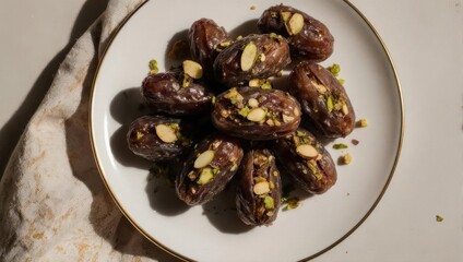 Fototapeta premium Delicious Stuffed Dates with Nuts on a White Plate.