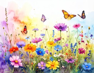 A vibrant watercolor painting of wildflowers and butterflies in a sunny meadow