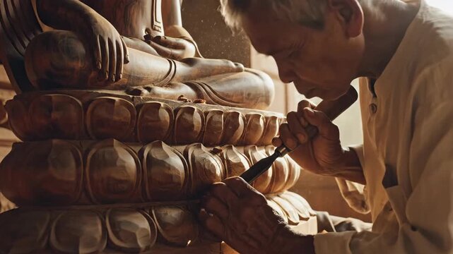 Woodcarver details statue
