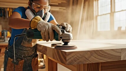 Woodworker sands a tabletop