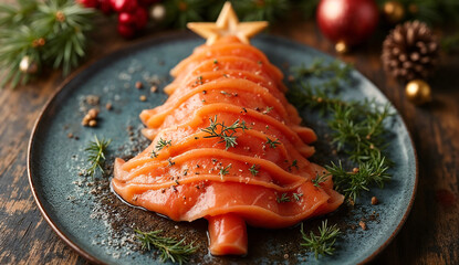 Salmon in the shape of a Christmas tree on the dining table with Christmas decorations
