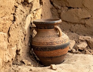 A rustic clay jar with handles sits against a rough, weathered earthen wall