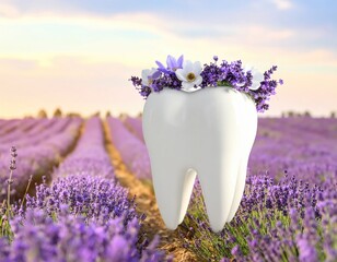 Whitened tooth adorned with flowers in a lavender field with a sunset