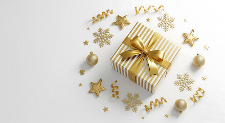 Elegant golden gift box adorned with a satin bow, surrounded by festive ornaments like snowflakes, stars, and ribbons on a clean white background