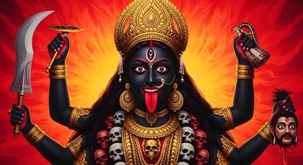 Fototapeta premium Hindu Goddess Kali Illustration, Sword, Skulls, Symbolism, Spirituality, Power