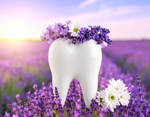 Large tooth shape adorned with lavender & daisies, set in a lavender field, bright sunset