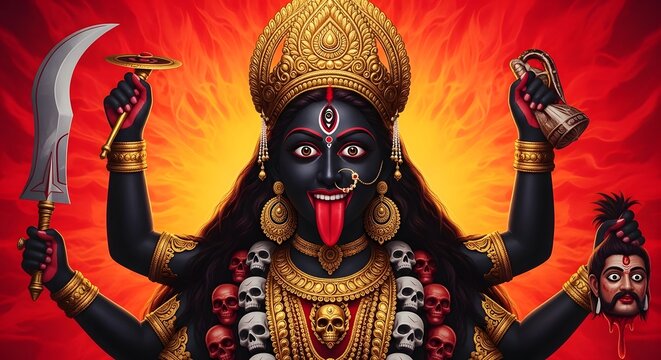 Hindu Goddess Kali Illustration, Sword, Skulls, Symbolism, Spirituality, Power