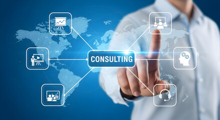 Consulting services represented by a hand touching a digital interface with icons for training strategy support and global reach on a blue world map background