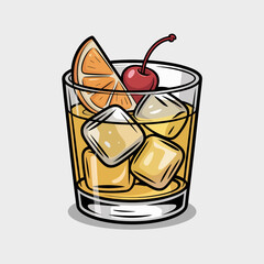 A vibrant glass of a refreshing drink with ice, garnished with orange and cherry, showcasing indulgence, relaxation, and enjoyment in casual moments and warm weather.