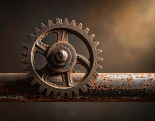 Close-up of a rusty metal cogwheel positioned on a corroded pipe against a soft-focus backdrop