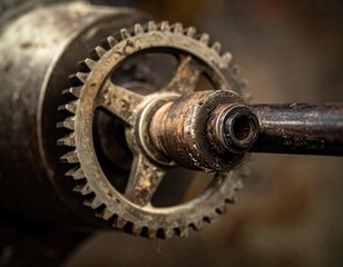 Close-up of aged metal gear, shaft, and housing, showing corrosion and detailed mechanical elements