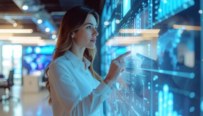 futuristic businesswoman interacting with transparent digital screen, analyzing data and technology in modern office
