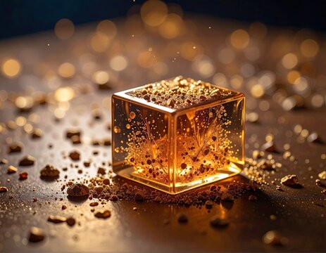 Golden cube, embedded with sparkling flecks, rests on a reflective surface, with bokeh